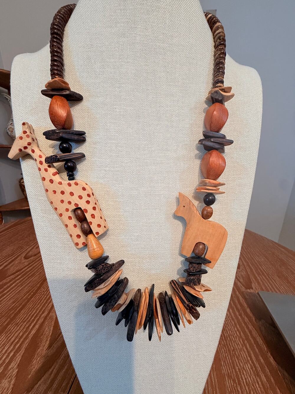 28” Safari Wood Giraffe & Elephant Bead Necklace